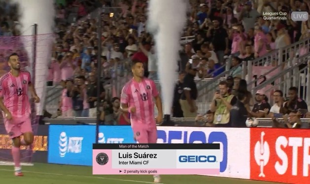 皇冠体育入口-点射双响！苏亚雷斯当选迈阿密国际2-1老虎大学一役全场最佳